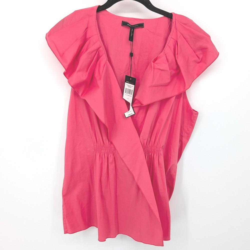 BCBGMAXAZRIA Woven Top Womens Large Coral Pink Ruffle V Neck Mature Office NWT